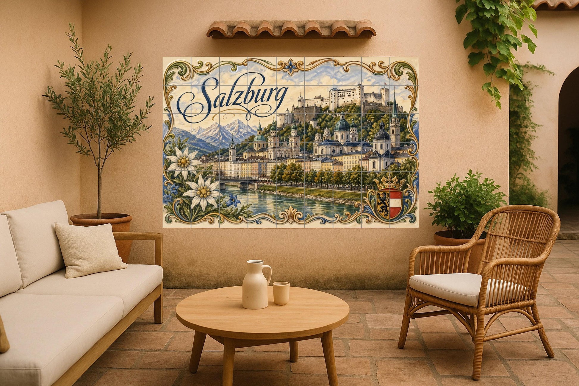 Fortaleza de Hohensalzburg en Salzburgo — Paysage Urbain en Carreaux, Art Mural en Céramique