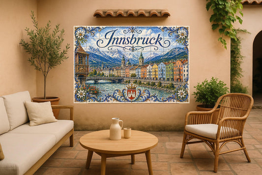 Ceramic Tile Mural: En los Alpes de Innsbruck, Austria, coloridas c — Cityscape in Tile