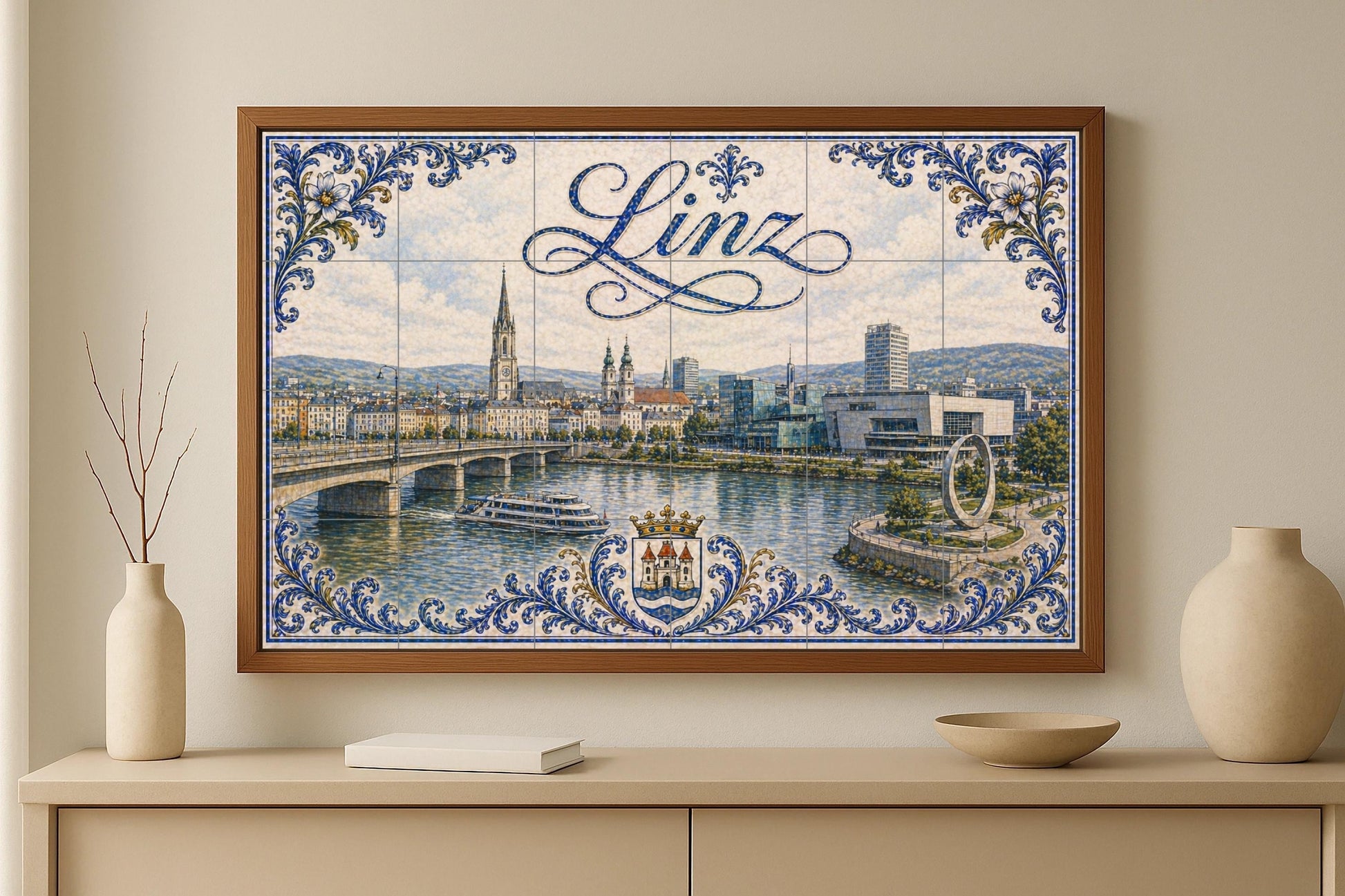 River Danubio in Linz, Austria, with the modern · Ceramic Wall Mural — Landmark Mural