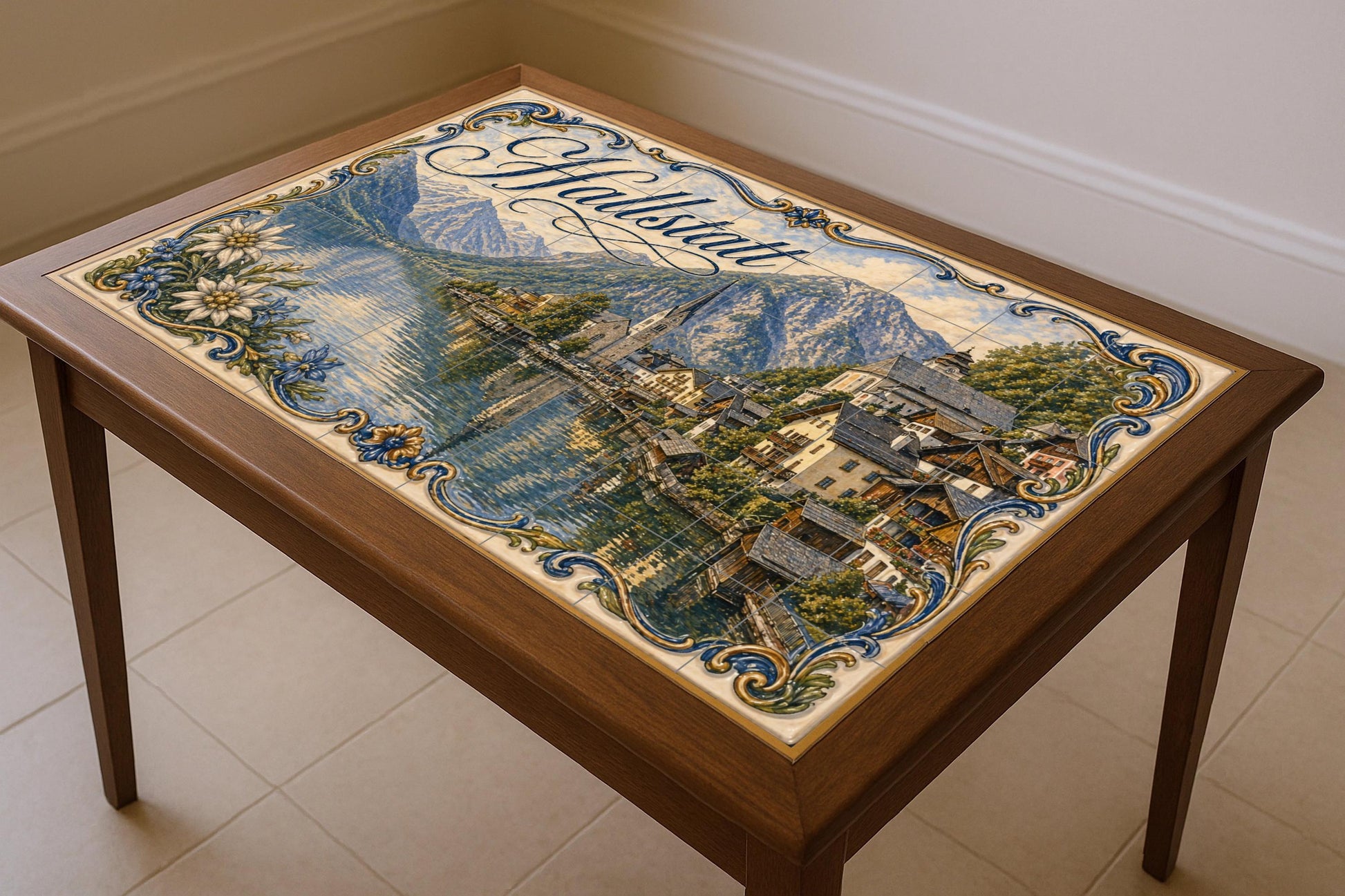 Hallstatt, Dorf Alpin am am See in · Keramik-Wandbild — Wahrzeichen-Wandbild