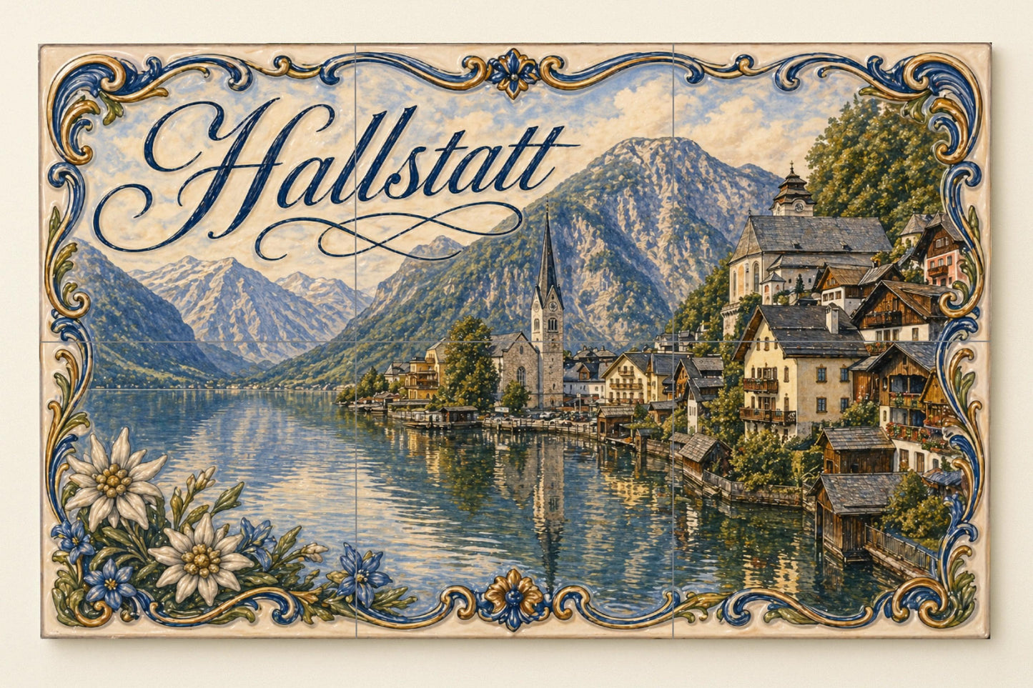 Hallstatt, Dorf Alpin am am See in · Keramik-Wandbild — Wahrzeichen-Wandbild