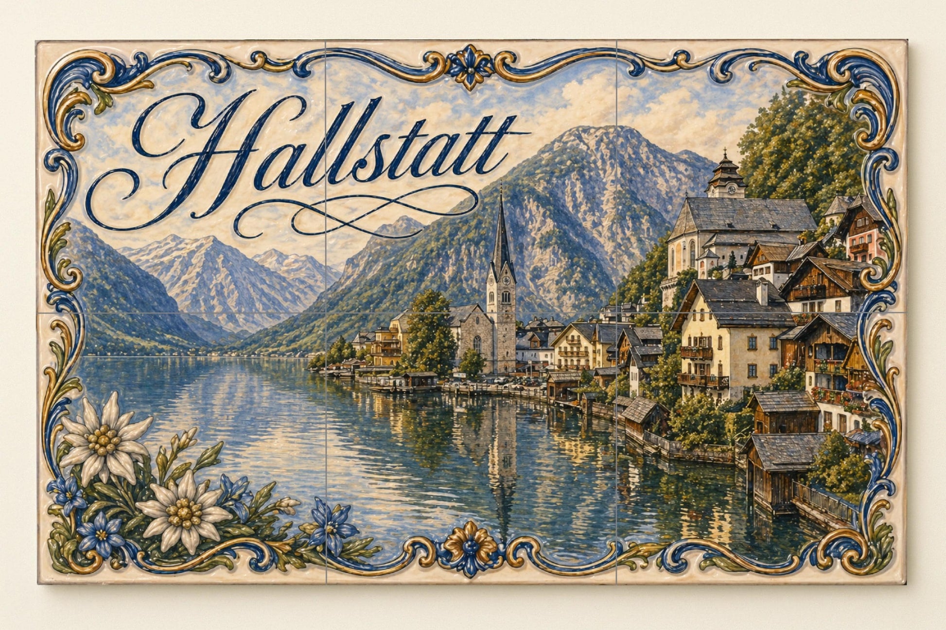 Hallstatt, Dorf Alpin am am See in · Keramik-Wandbild — Wahrzeichen-Wandbild