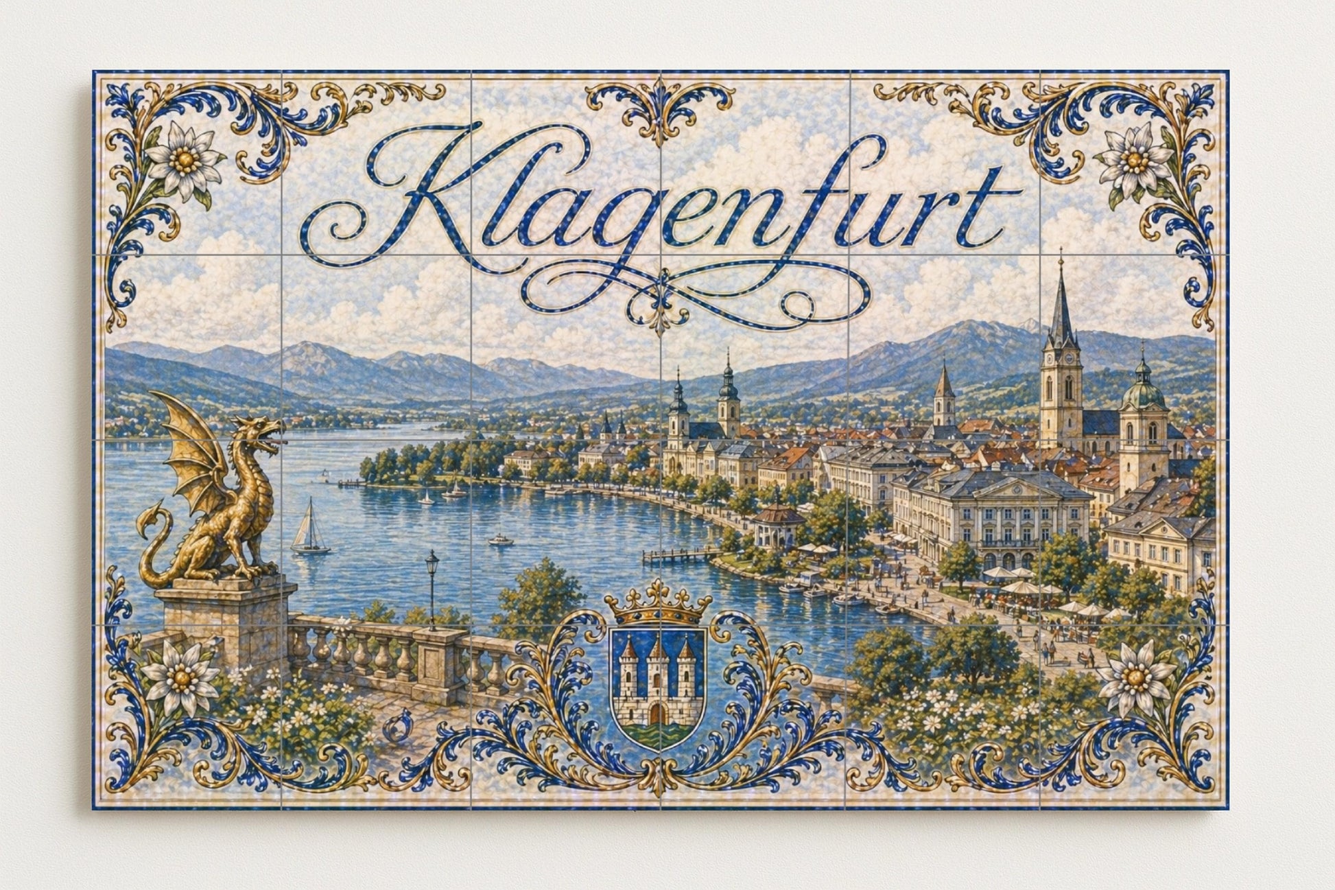 Klagenfurt Wörthersee Autriche, Dragon Lindwurm — Scène Mythologique, Art Mural en Céramique