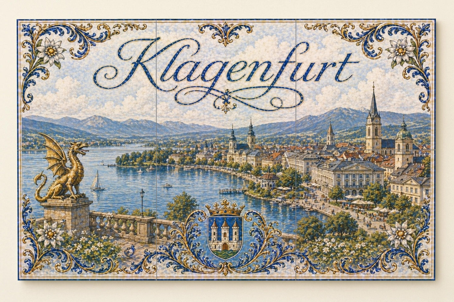 Klagenfurt Wörthersee Autriche, Dragon Lindwurm — Scène Mythologique, Art Mural en Céramique