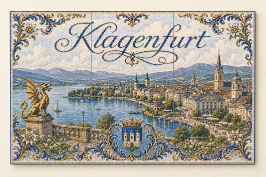Mural de azulejos cerámicos de Klagenfurt Wörthersee Austria, dragón…
