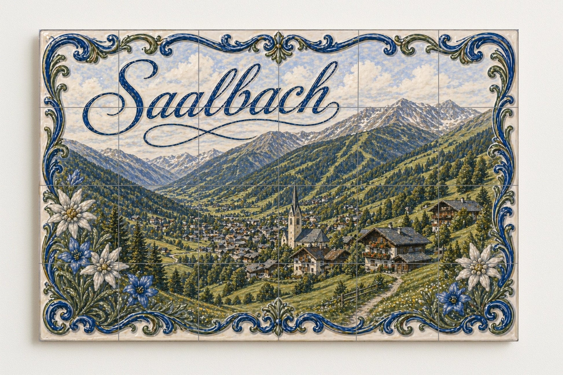 Mural de azulejos de cerámica de Saalbach, Austria, pueblo alpino y…