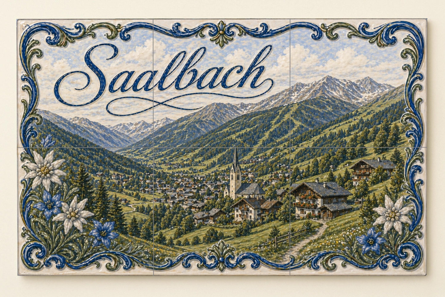 Mural de azulejos de cerámica de Saalbach, Austria, pueblo alpino y…