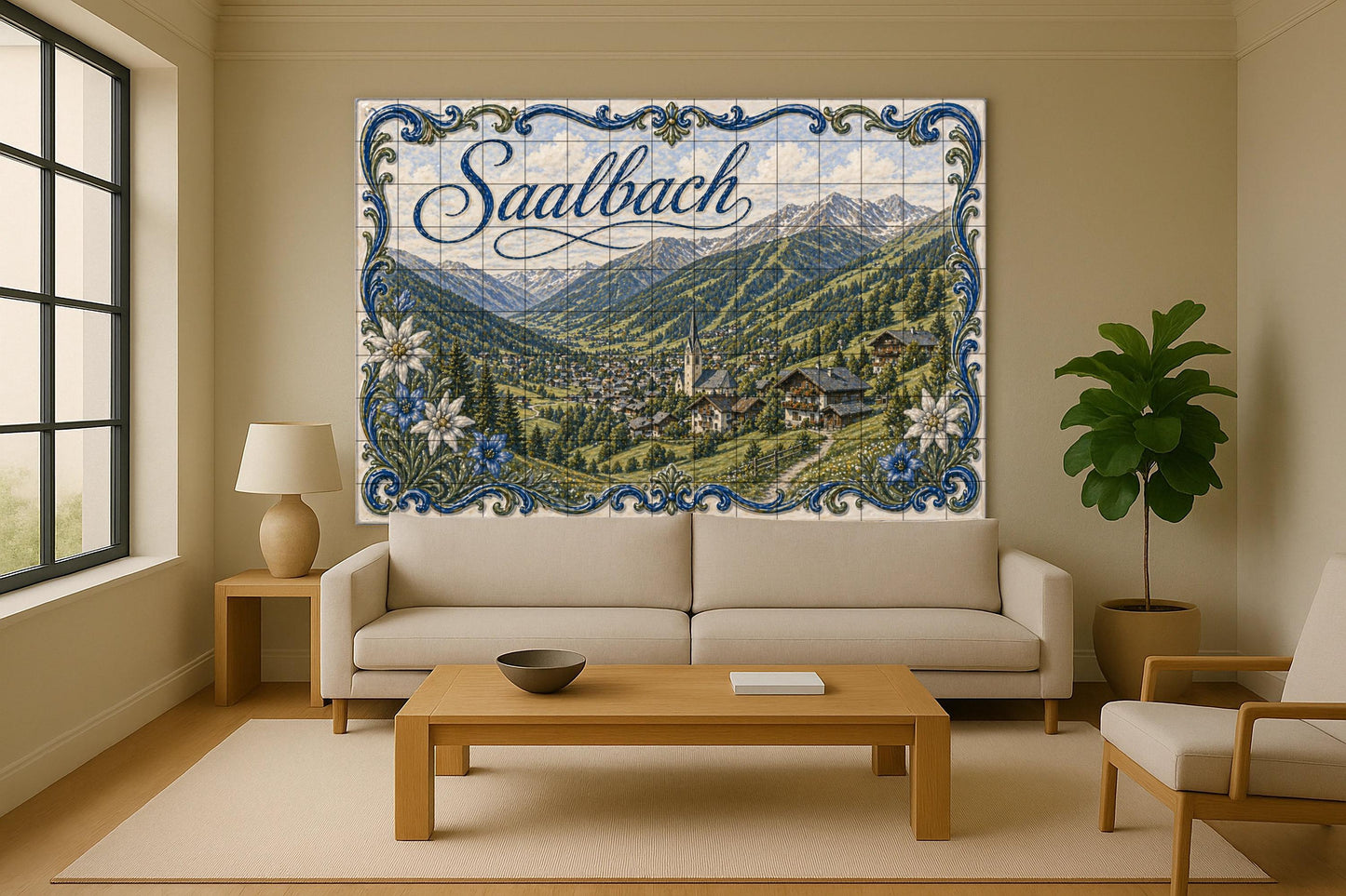 Mural de azulejos de cerámica de Saalbach, Austria, pueblo alpino y…