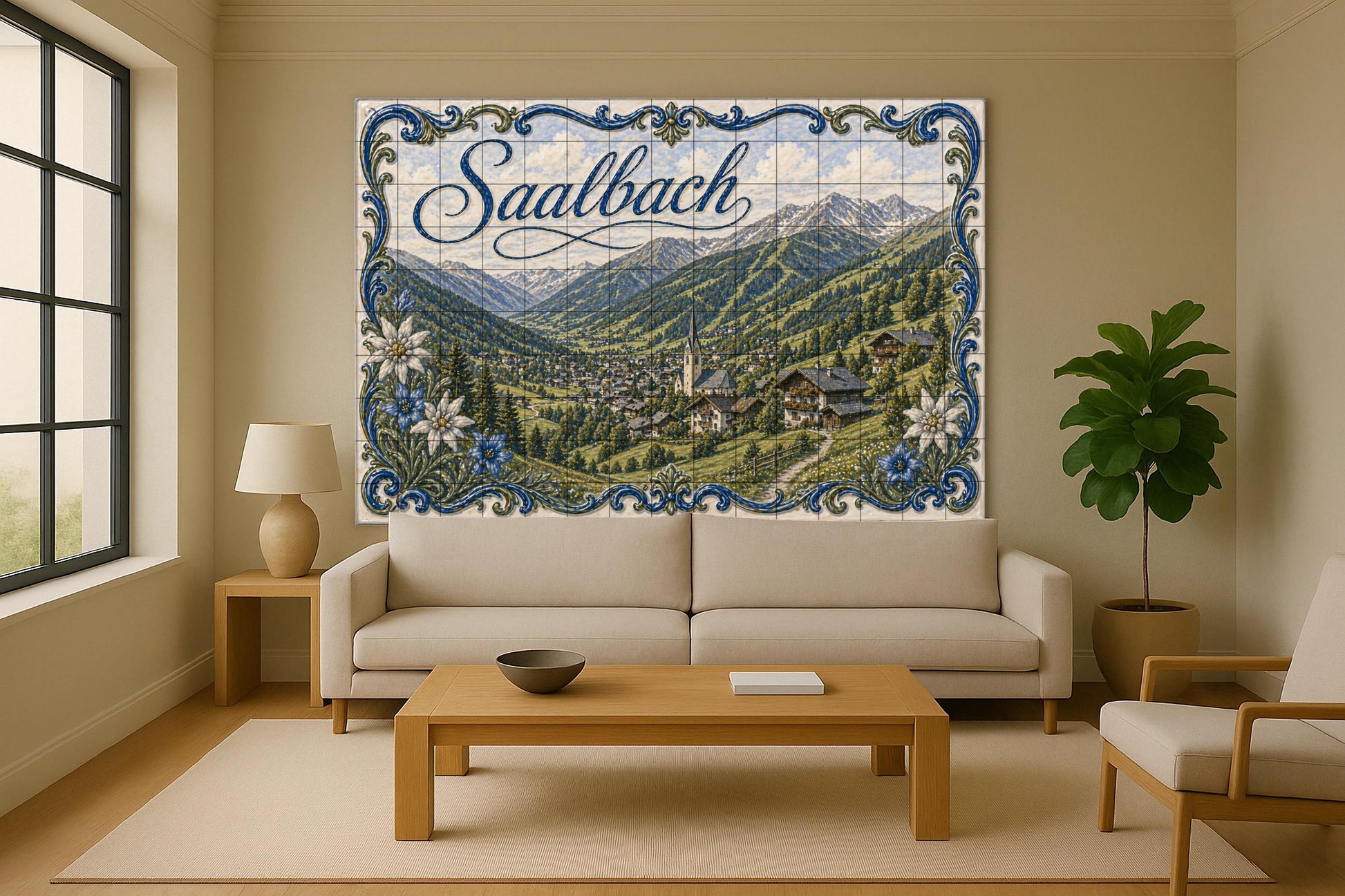 Mural de azulejos de cerámica de Saalbach, Austria, pueblo alpino y…