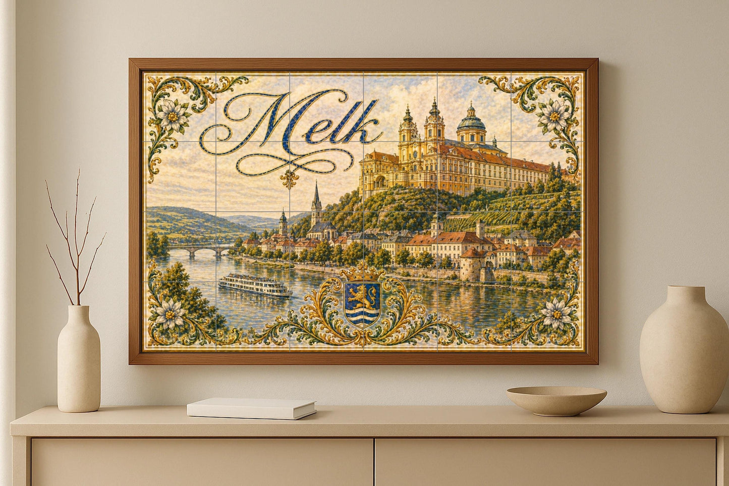 Melk, Austria, River Danubio and Art Mural barr — City & Landmark Art · Tile Wall Art