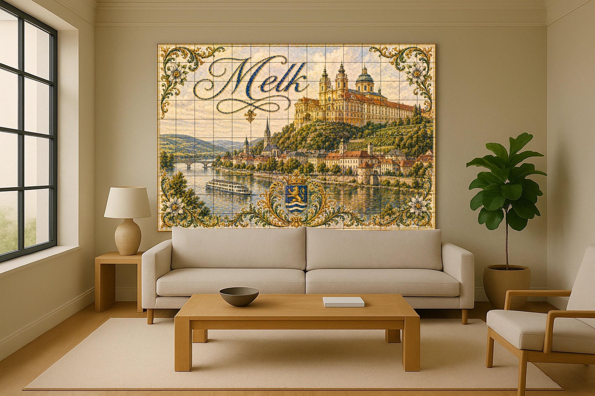 Melk, Austria, River Danubio and Art Mural barr — City & Landmark Art · Tile Wall Art