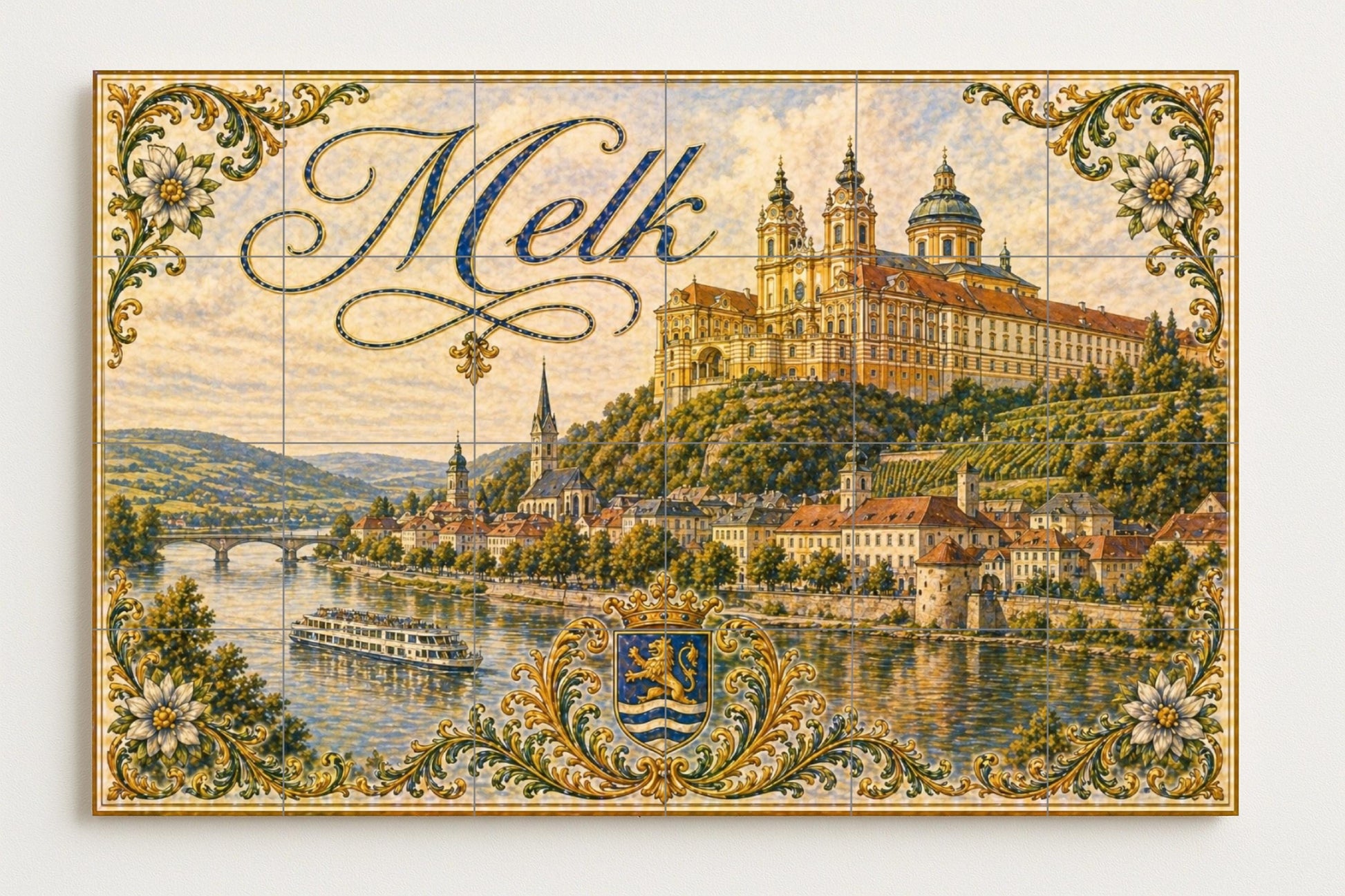 Melk, Austria, River Danubio and Art Mural barr — City & Landmark Art · Tile Wall Art