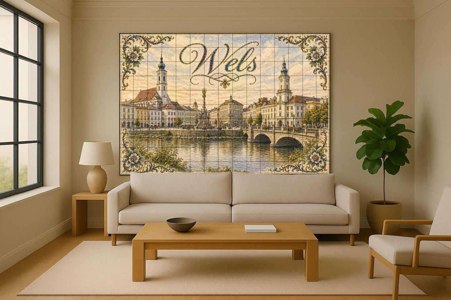 Wels, Austria, arquitectura histórica ribere — Fresque Murale en Carreaux de Céramique · Décor Mural Voyage