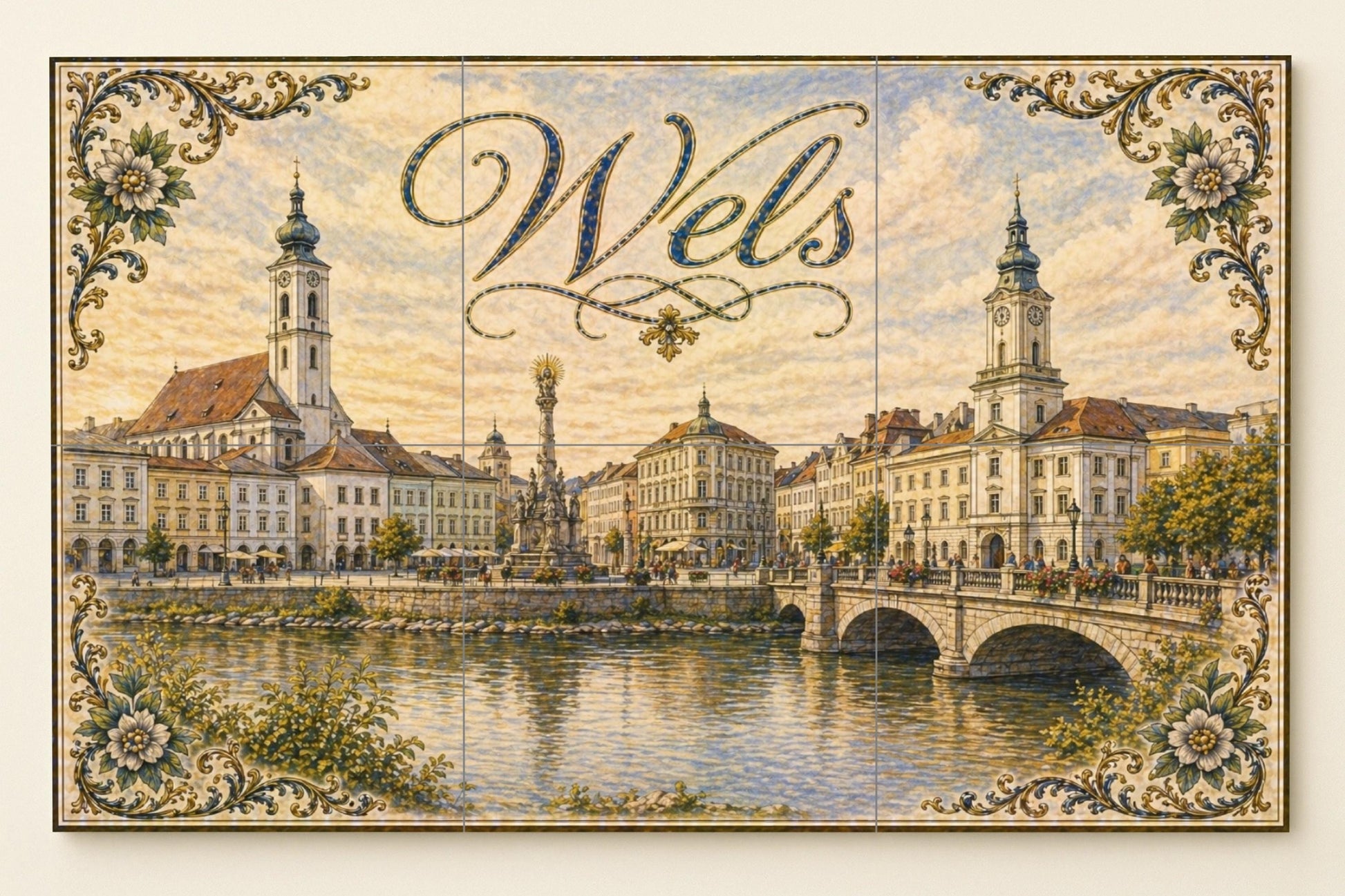 Wels, Austria, arquitectura histórica ribere — Fresque Murale en Carreaux de Céramique · Décor Mural Voyage