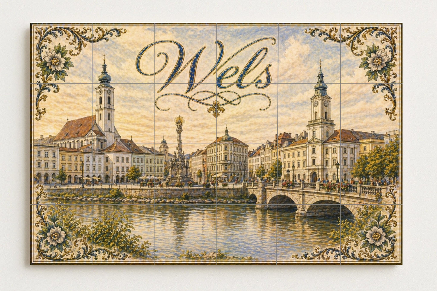 Wels, Austria, arquitectura histórica ribere — Fresque Murale en Carreaux de Céramique · Décor Mural Voyage