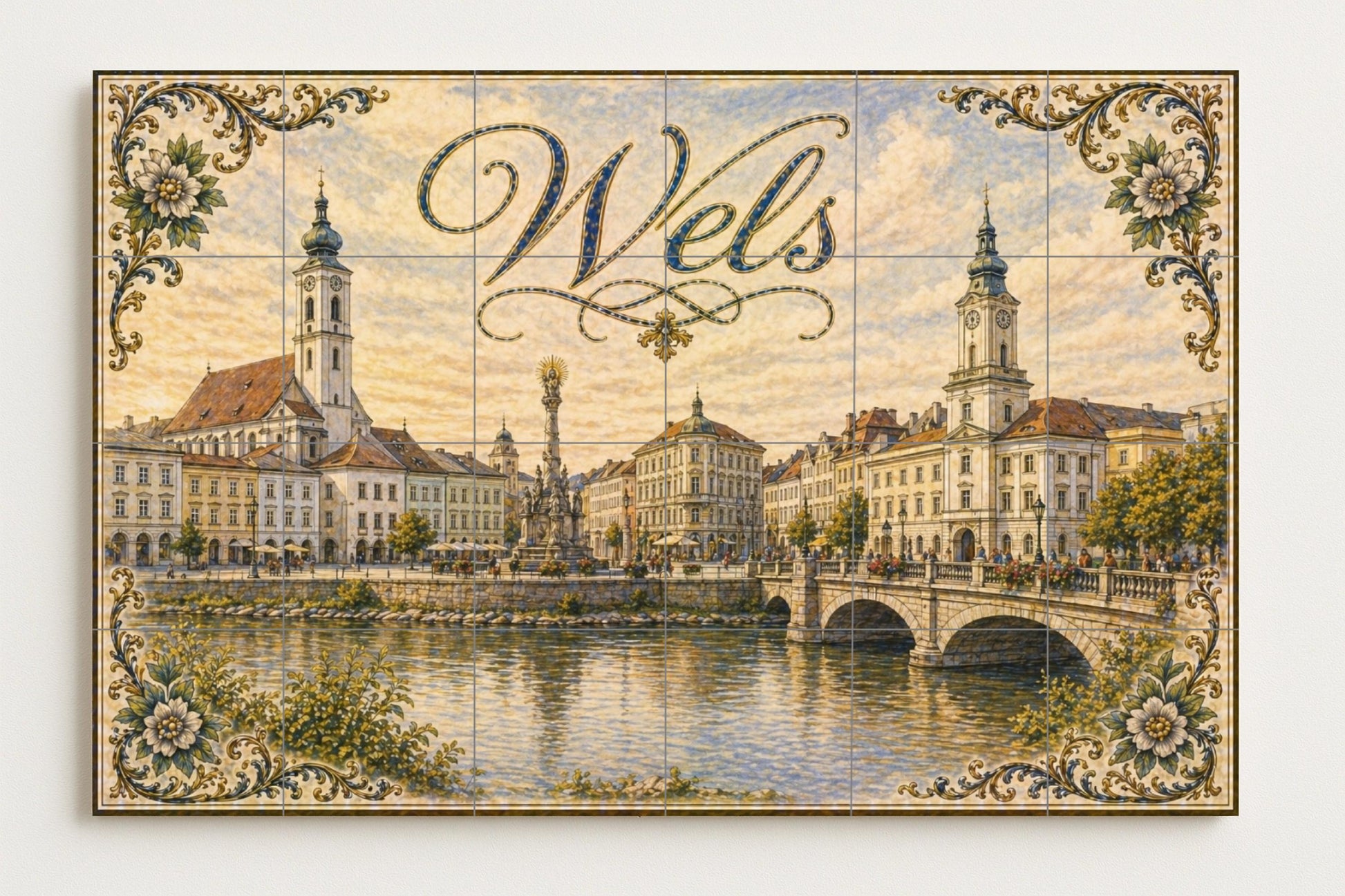 Wels, Austria, arquitectura histórica ribere — Fresque Murale en Carreaux de Céramique · Décor Mural Voyage