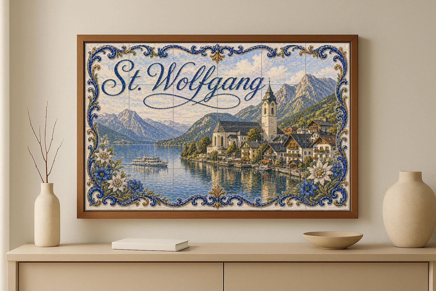 Ceramic Tile Mural: San Wolfgang, Austria, con decoración de par — City & Landmark Art