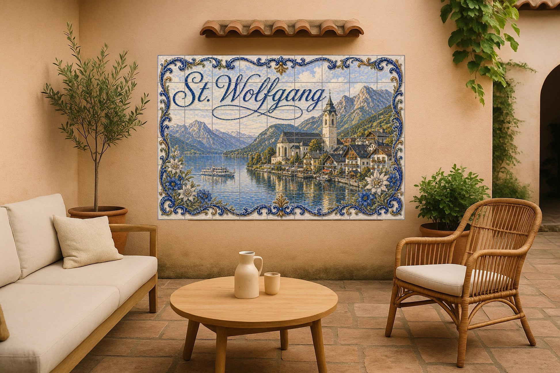 Ceramic Tile Mural: San Wolfgang, Austria, con decoración de par — City & Landmark Art