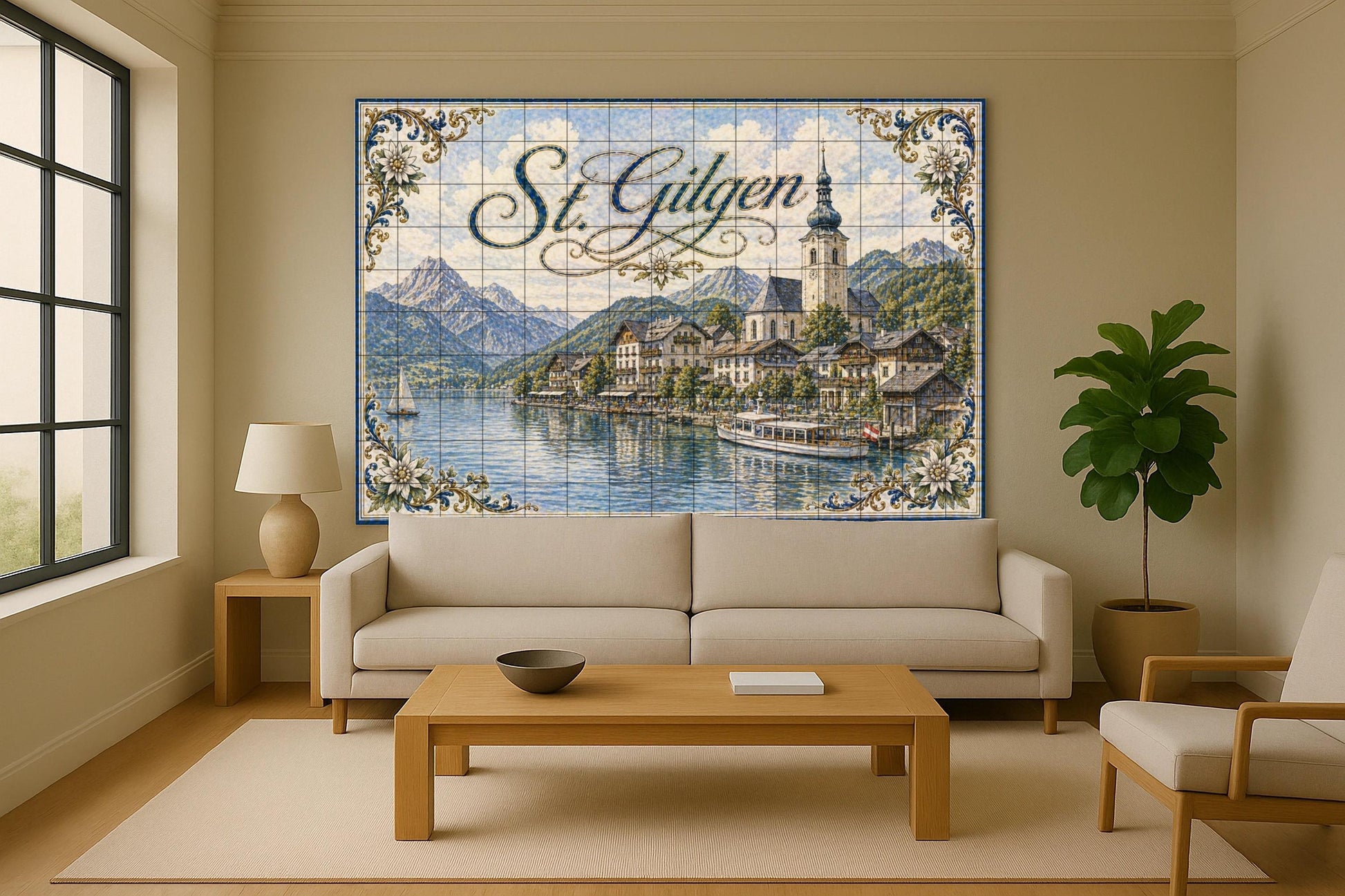 St. Gilgen, Austria, decoración de pared · Ceramic Wall Mural — Flowers & Landscape Art