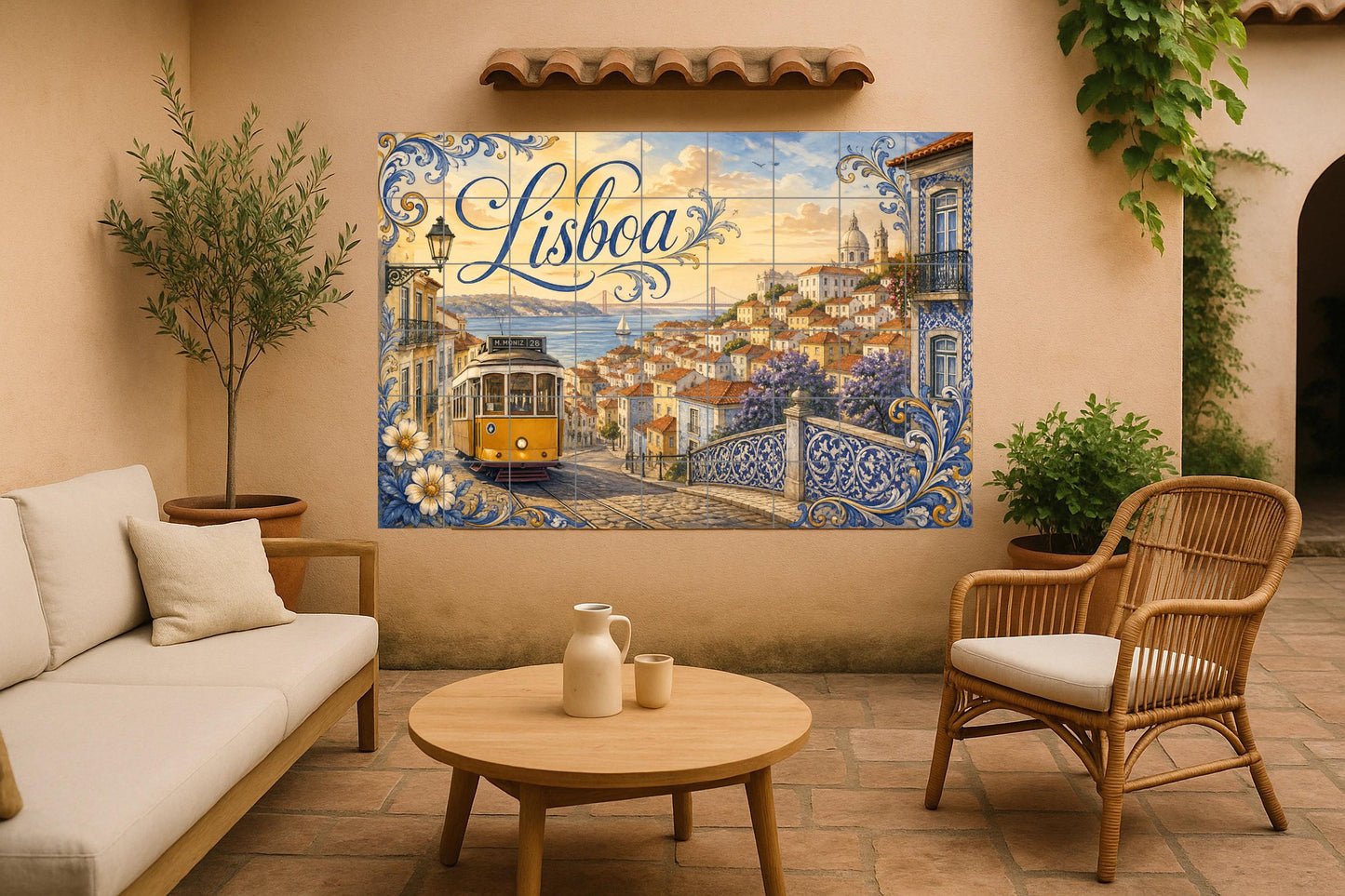 Mural de azulejos cerámicos de Lisboa Portugal, tranvía amarillo y…