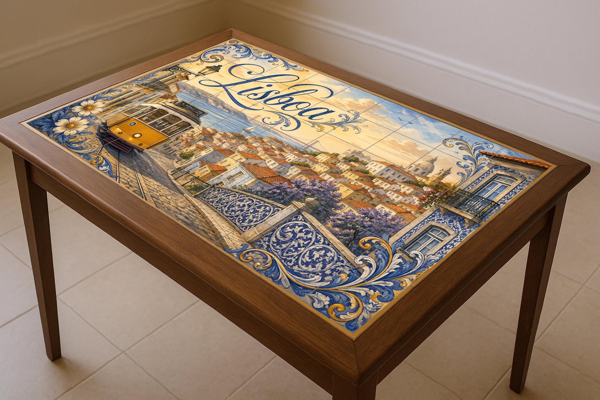 Mural de azulejos cerámicos de Lisboa Portugal, tranvía amarillo y…