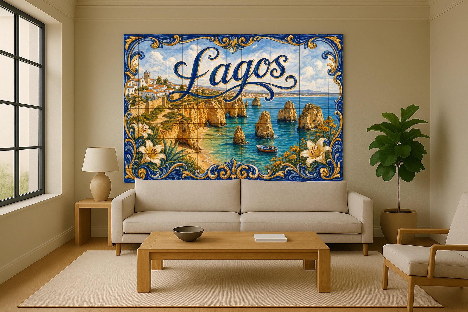 Mural de azulejos de cerámica de Lagos, Portugal, acantilados…