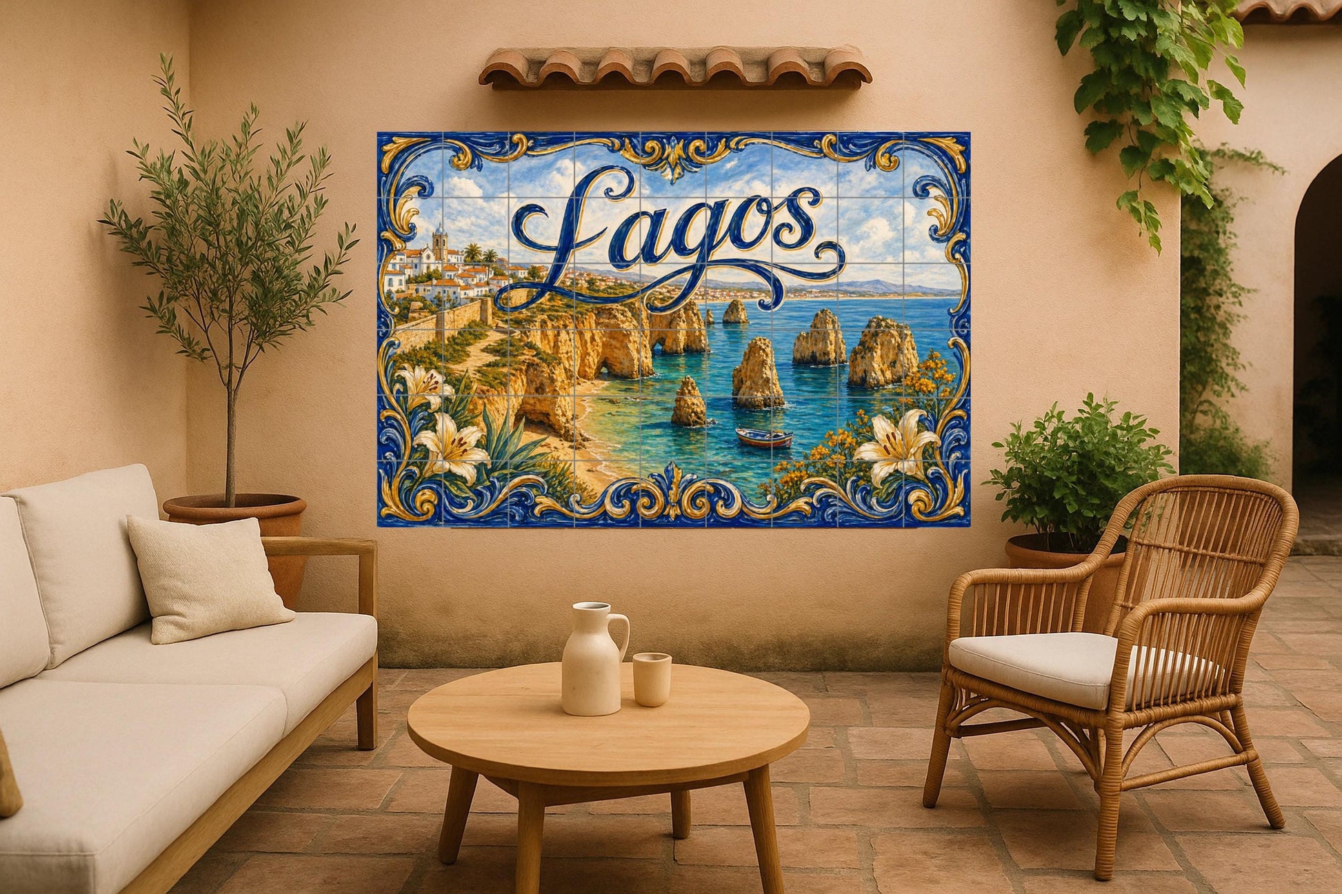 Mural de azulejos de cerámica de Lagos, Portugal, acantilados…