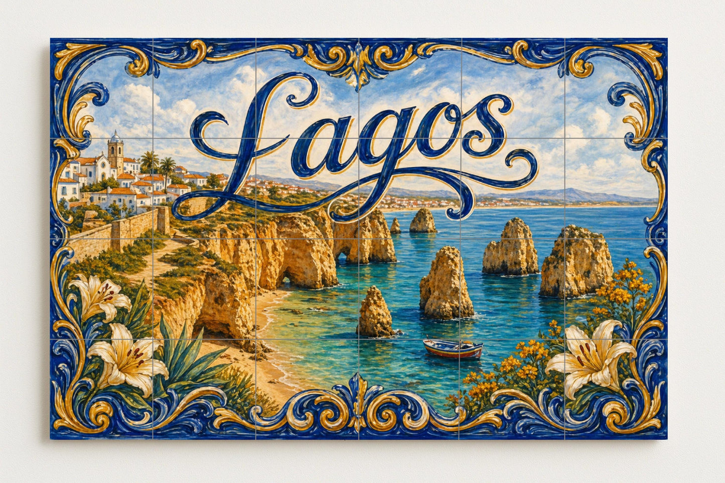 Mural de azulejos de cerámica de Lagos, Portugal, acantilados…