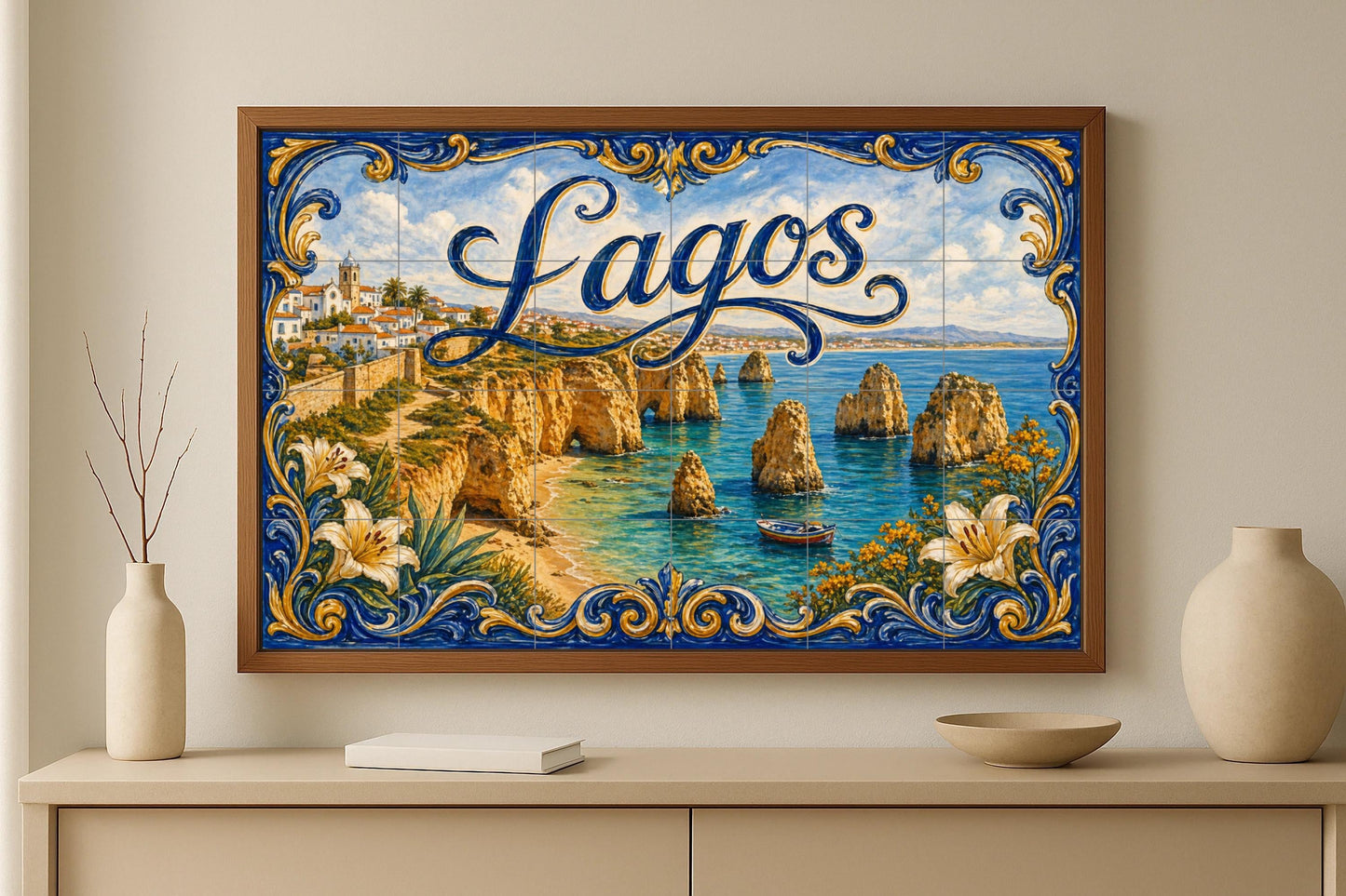 Mural de azulejos de cerámica de Lagos, Portugal, acantilados…