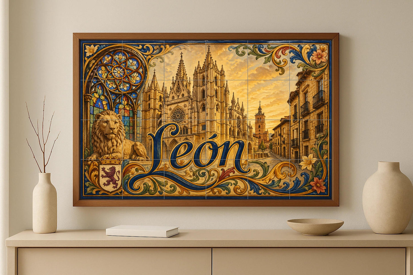 La Catedral de León, decoración de pared gót — Fliesen-Wandbild aus Keramik · Wahrzeichen-Wandbild