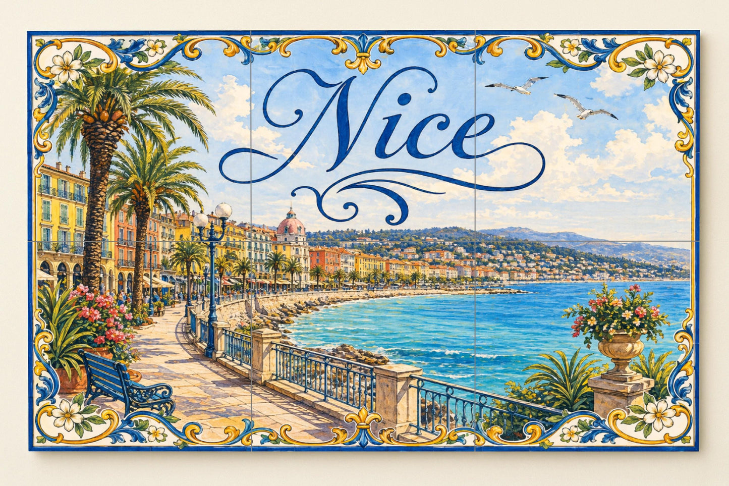 Bonito mural de azulejos de cerámica de la Riviera Francesa…