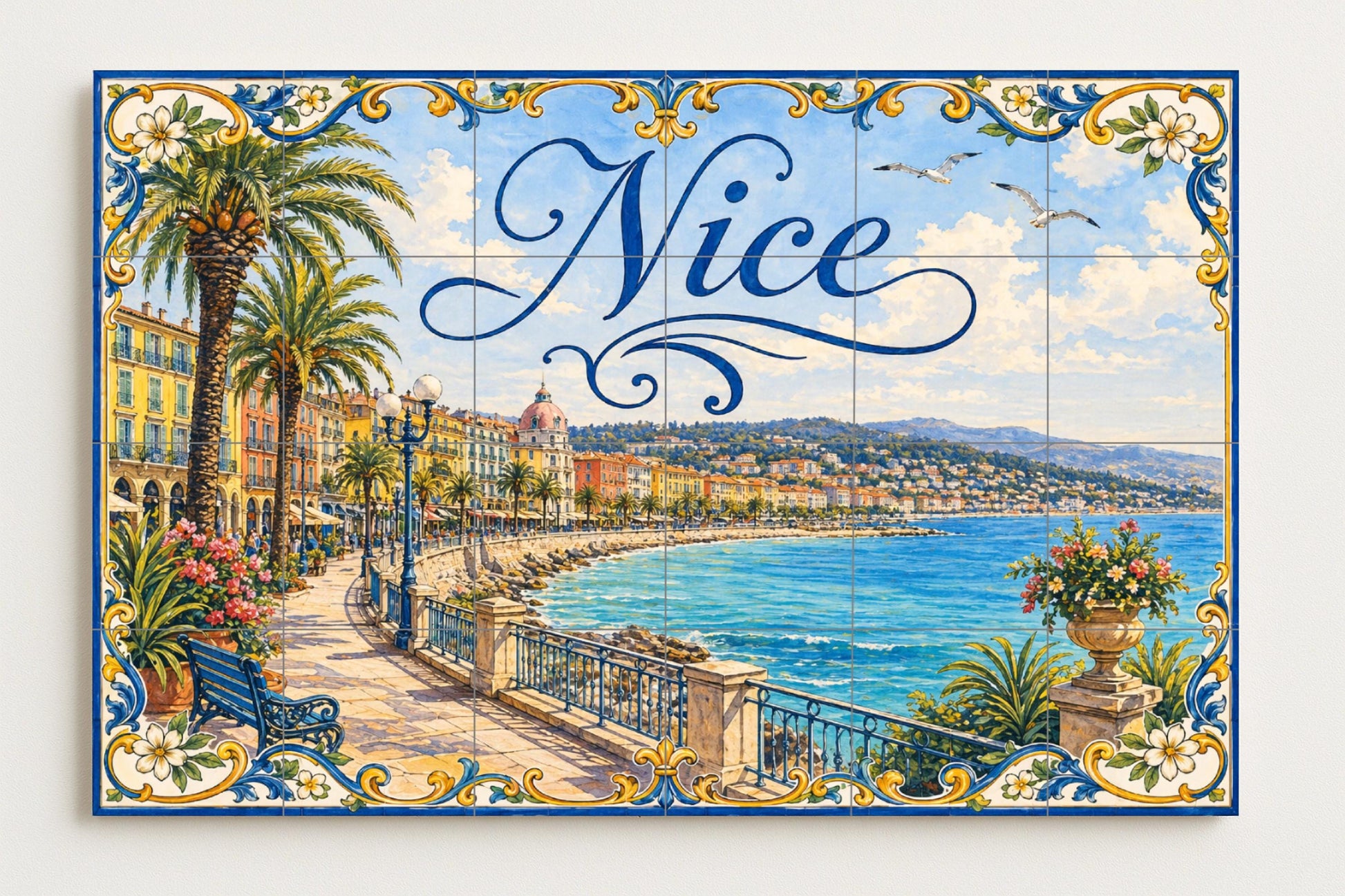 Bonito mural de azulejos de cerámica de la Riviera Francesa…