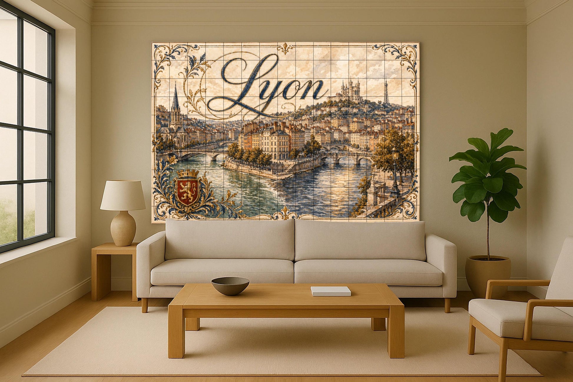 A orillas del río Lyon, decoración de pared — Fliesen-Wandbild aus Keramik · Wahrzeichen-Wandbild