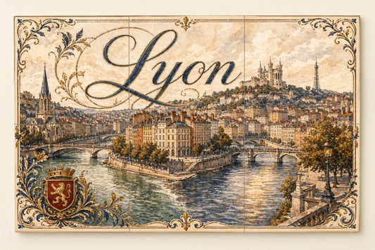 Mural de azulejos de cerámica a orillas del río Lyon, decoración de…