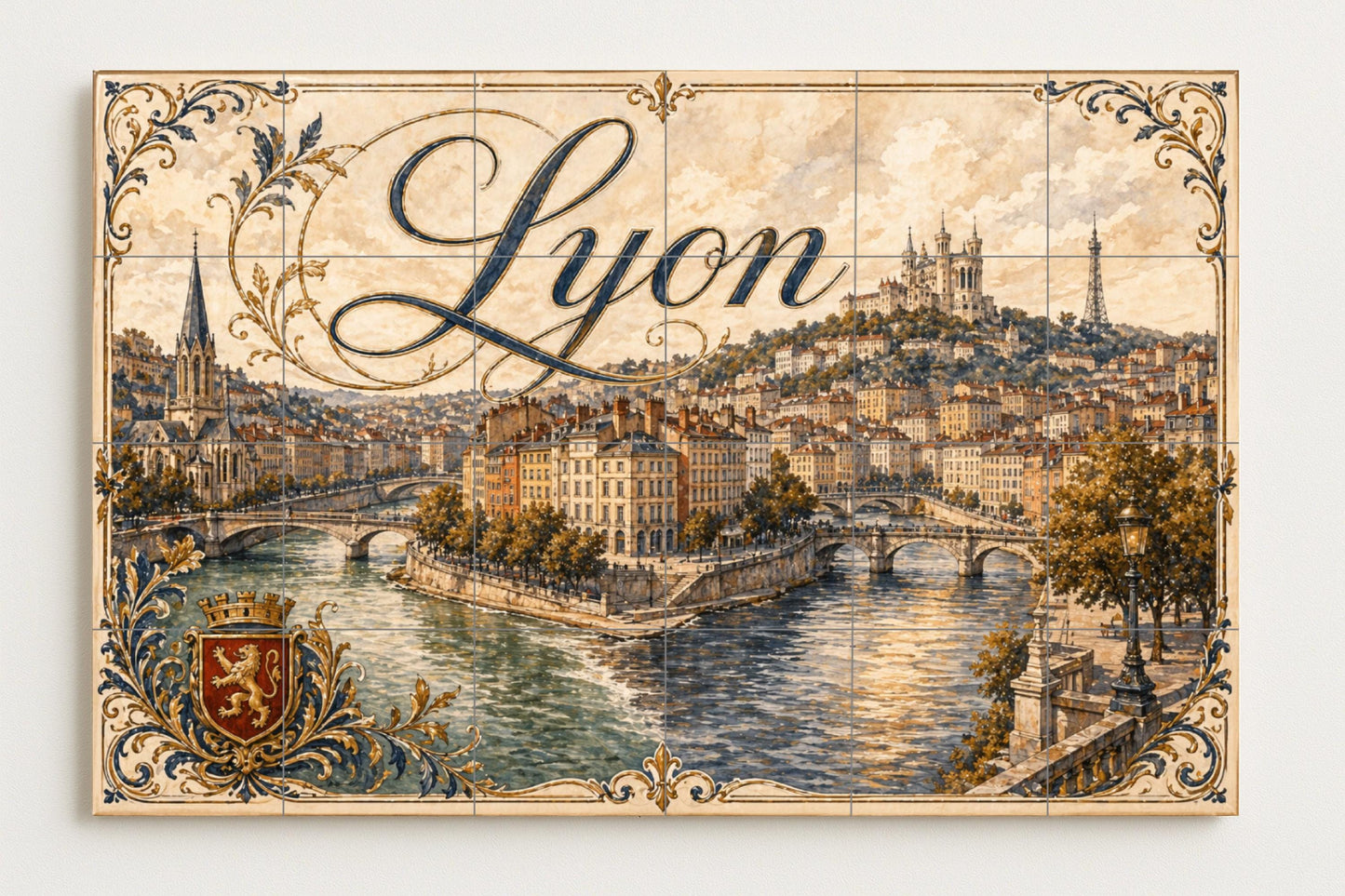 A orillas del río Lyon, decoración de pared — Fliesen-Wandbild aus Keramik · Wahrzeichen-Wandbild