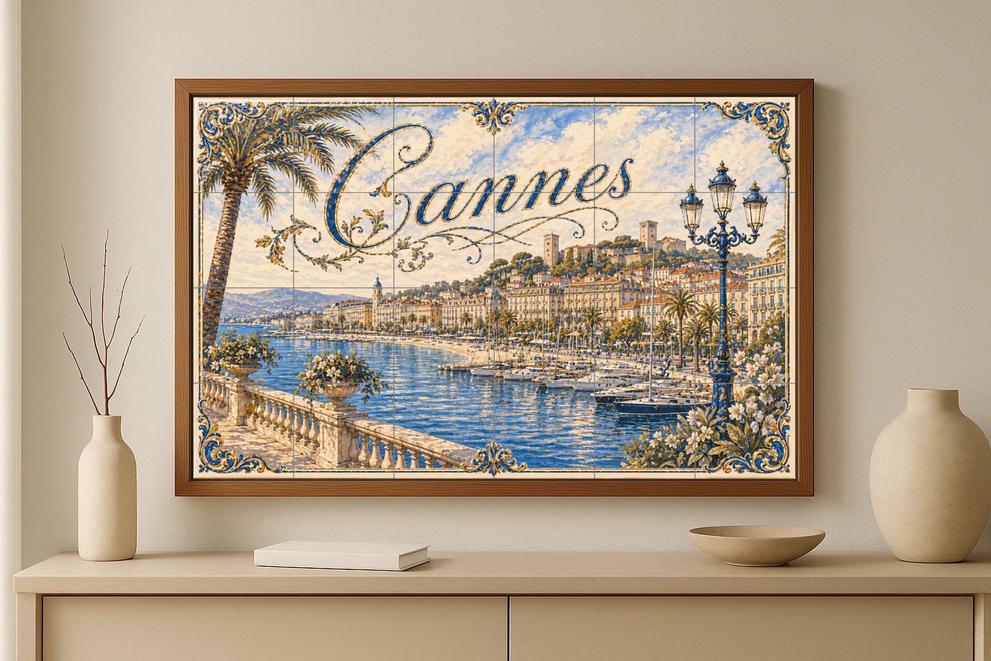 Cannes, Art Mural of the Riviera French co · Ceramic Wall Mural — Sea & Coastal Art