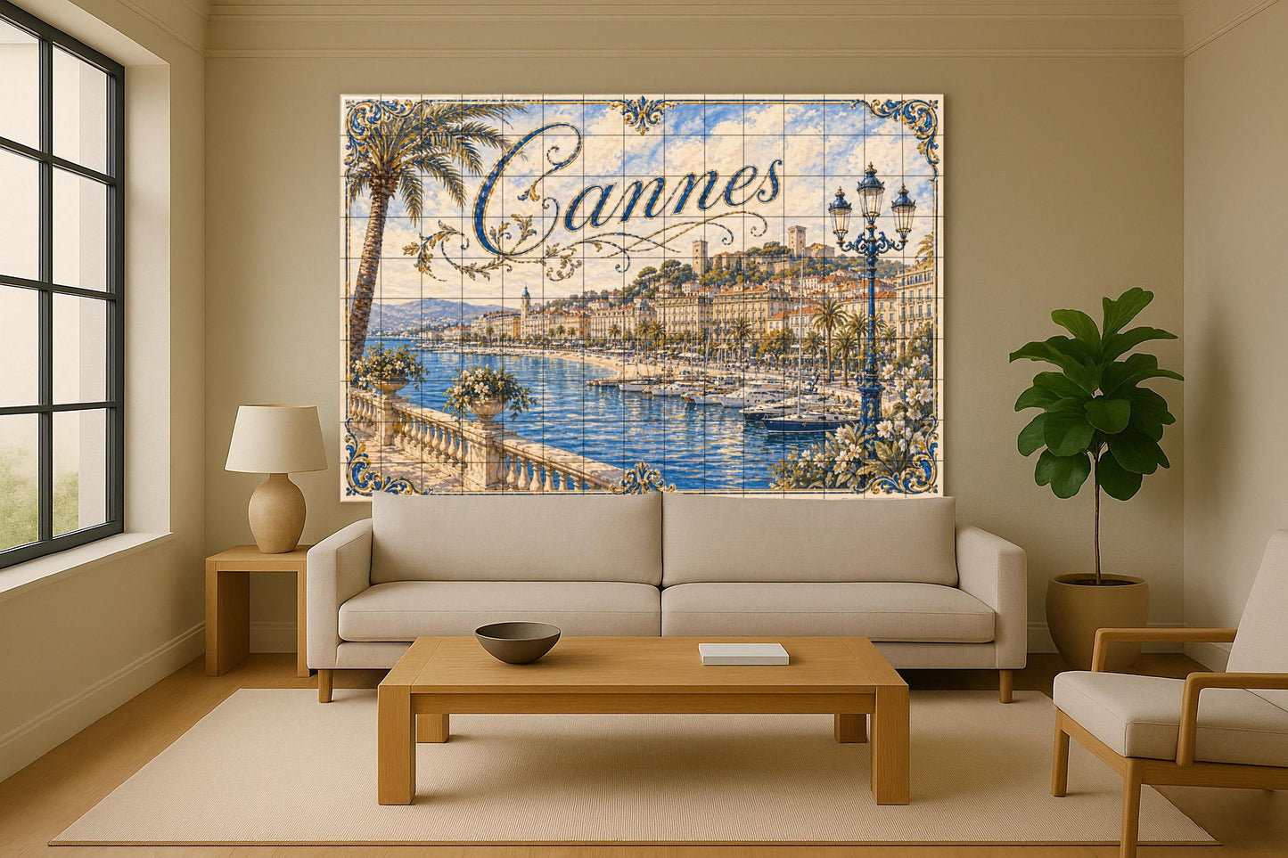 Cannes, Art Mural of the Riviera French co · Ceramic Wall Mural — Sea & Coastal Art
