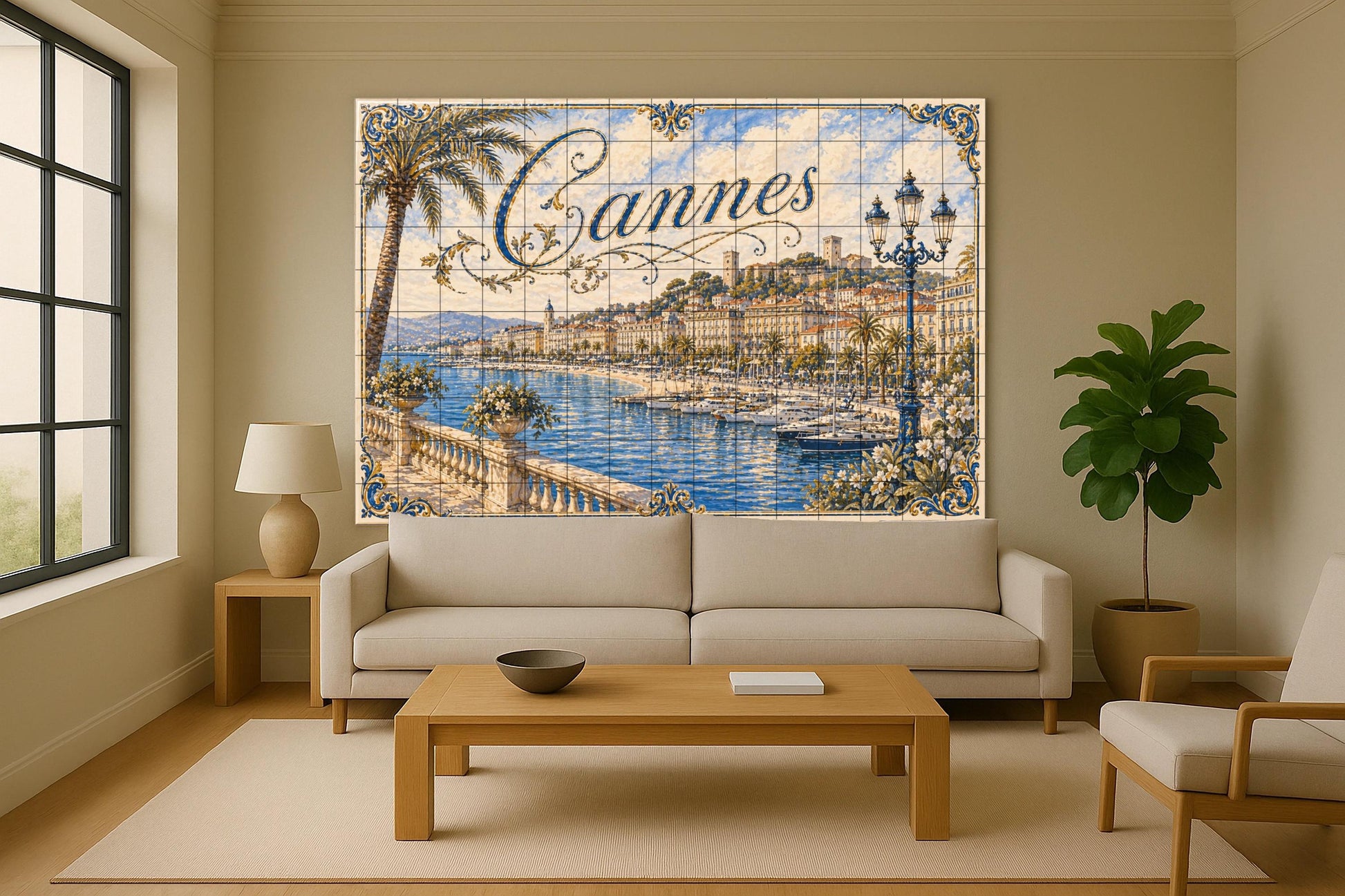 Cannes, Art Mural of the Riviera French co · Ceramic Wall Mural — Sea & Coastal Art