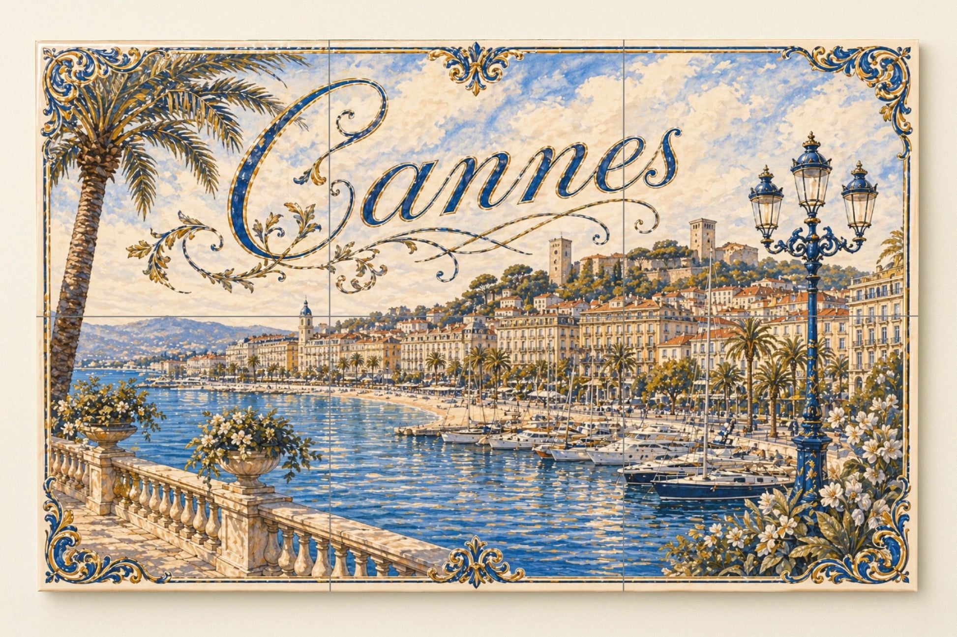 Cannes, Art Mural of the Riviera French co · Ceramic Wall Mural — Sea & Coastal Art