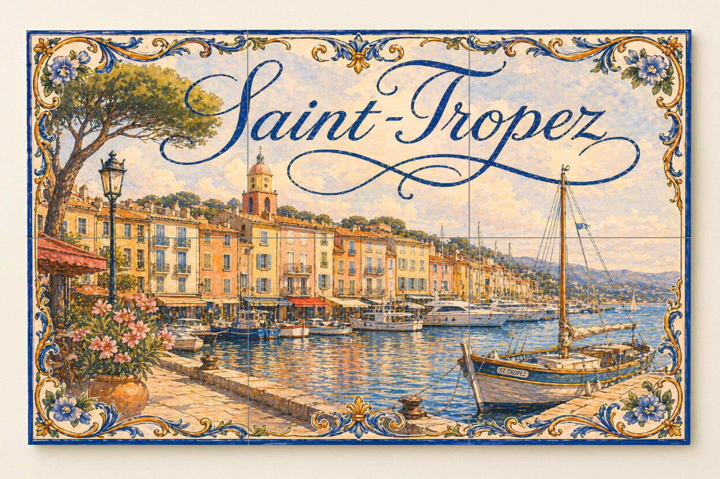 Fresque en Carrelage Saint-Tropez, Art Mural de la Riviera Franc — Art Maritime en Carreaux