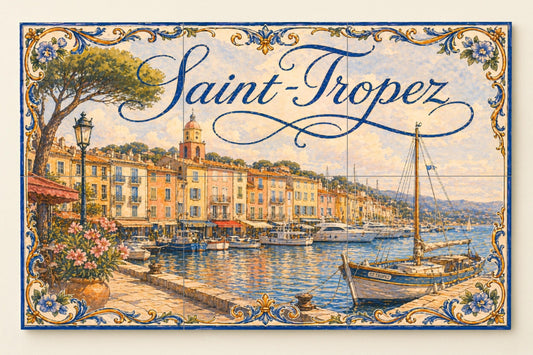 Saint-Tropez, Art Mural of the Riviera Franc · Ceramic Wall Mural — Nautical Wall Décor