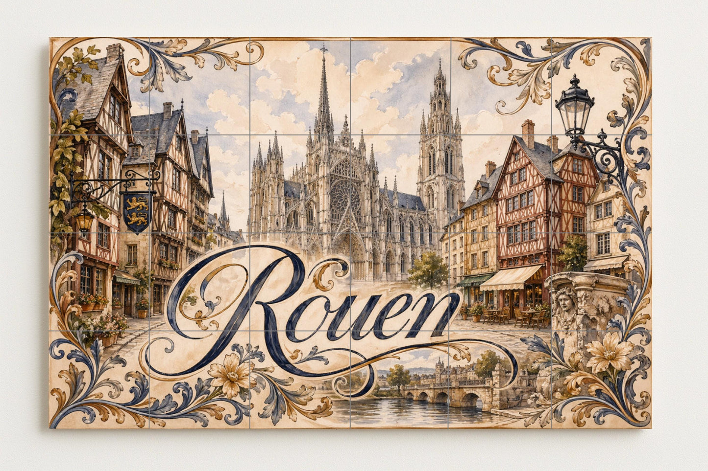 Mural de azulejos de cerámica de Rouen, arte mural de catedral gótica…