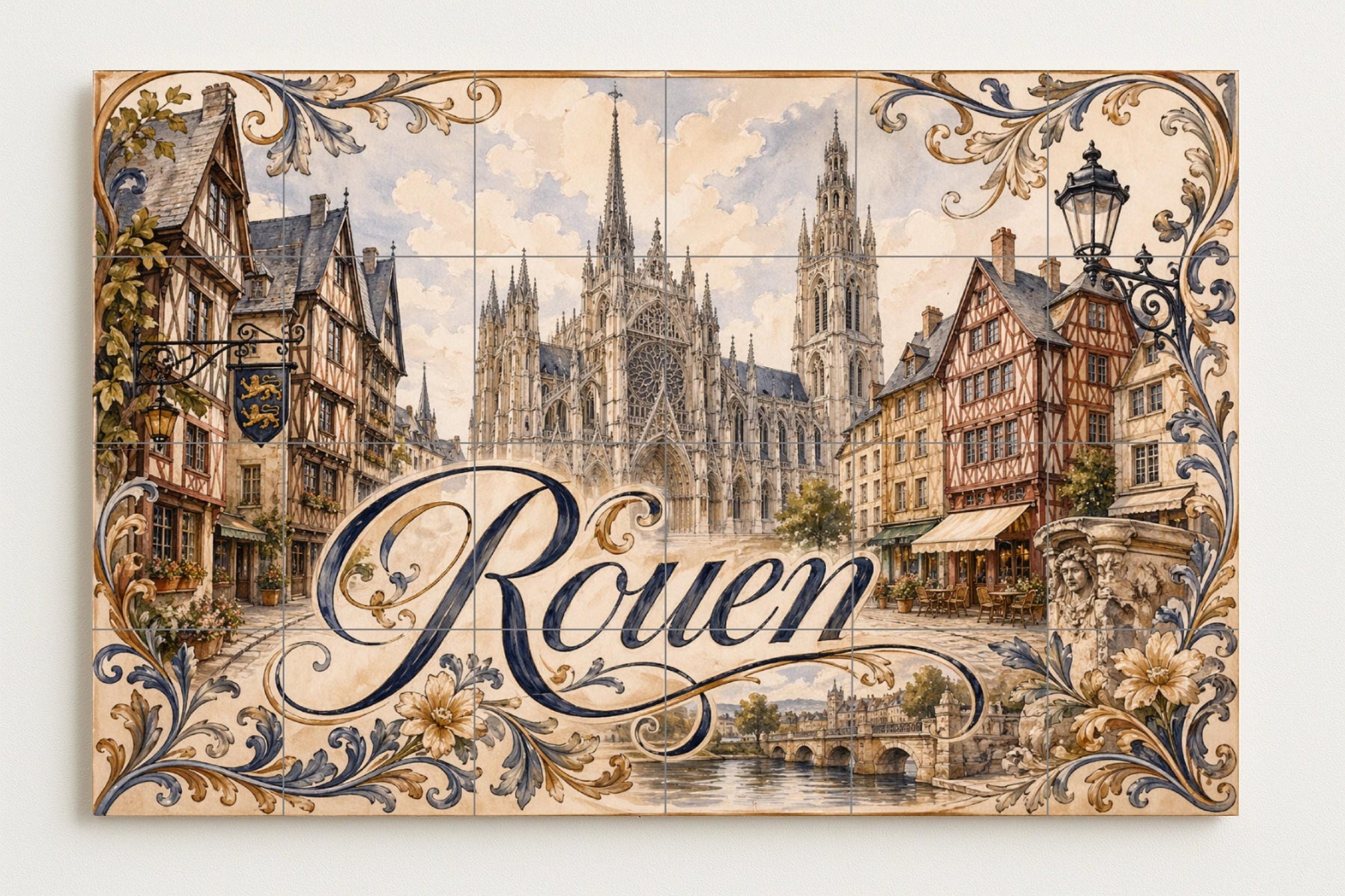 Mural de azulejos de cerámica de Rouen, arte mural de catedral gótica…