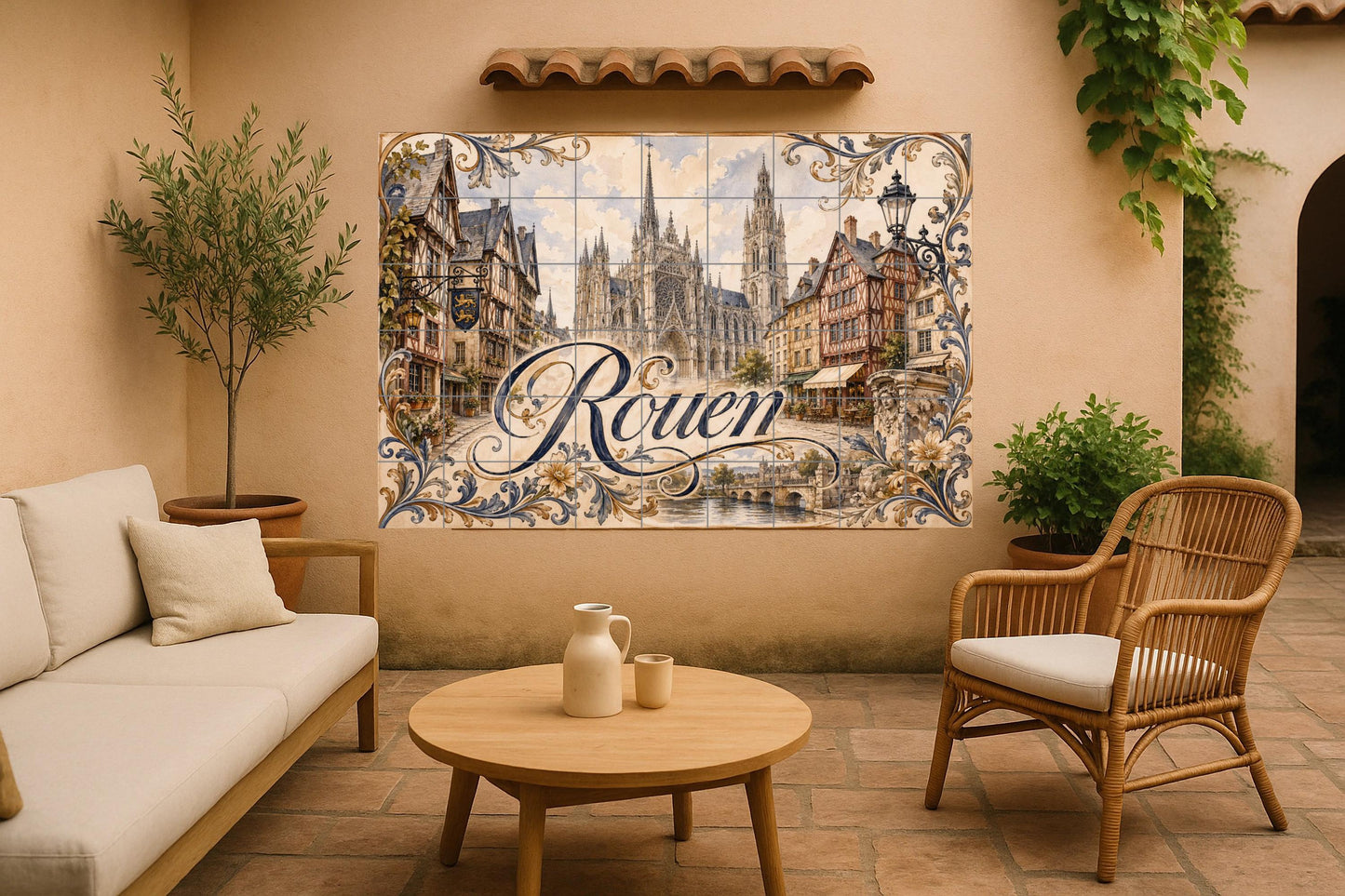 Mural de azulejos de cerámica de Rouen, arte mural de catedral gótica…