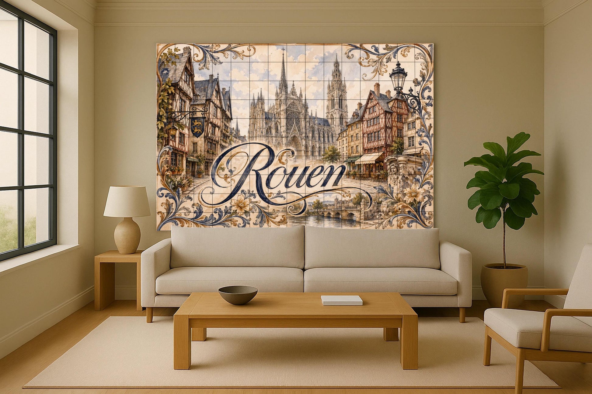 Mural de azulejos de cerámica de Rouen, arte mural de catedral gótica…