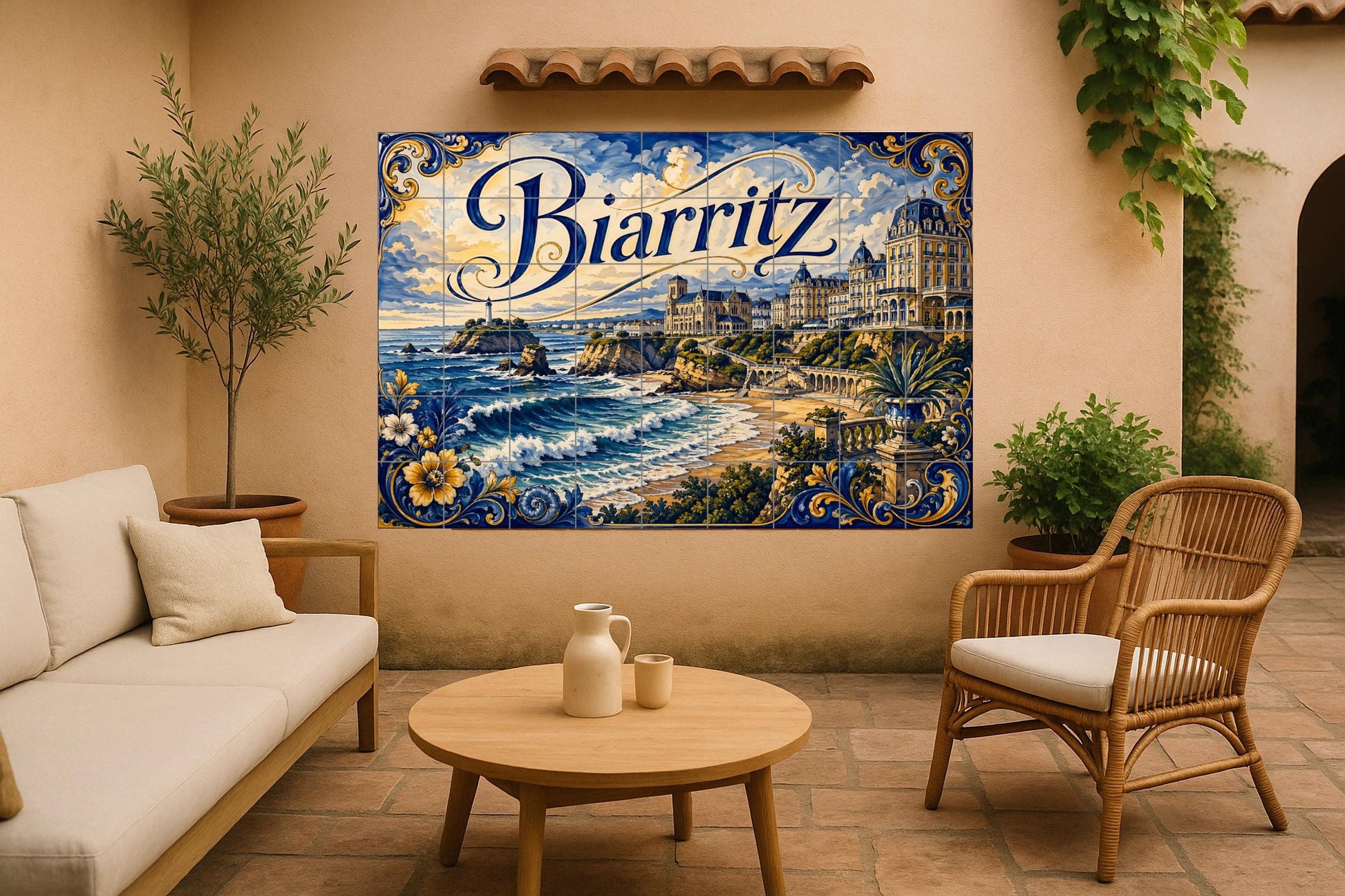 Biarritz, Art Mural Côtier Français avec · Fresque Céramique — Scène de Bord de Mer