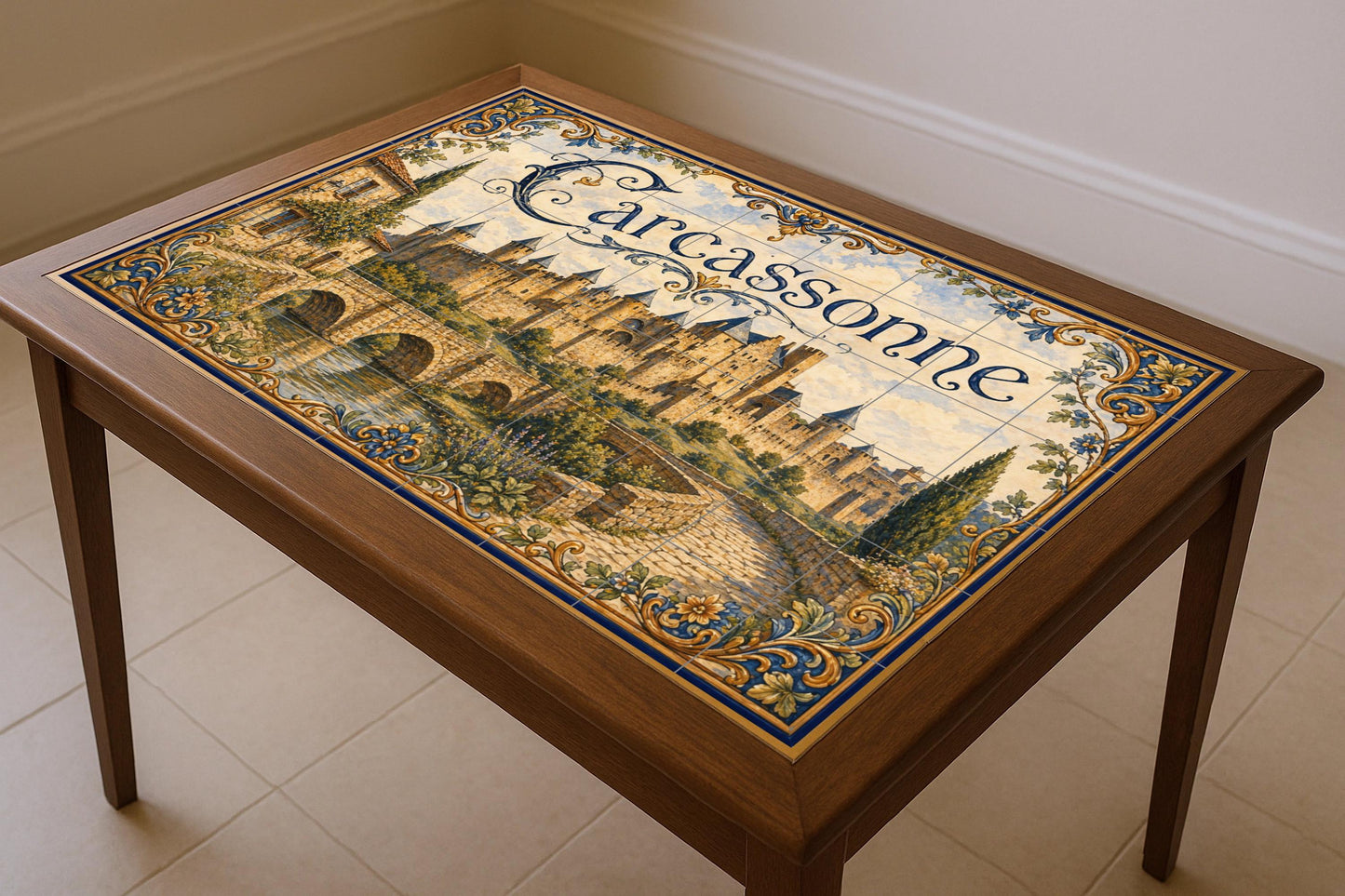 Carcasona, Art Mural de un Château medieva — Fresque Murale en Carreaux de Céramique · Fleurs et Paysages