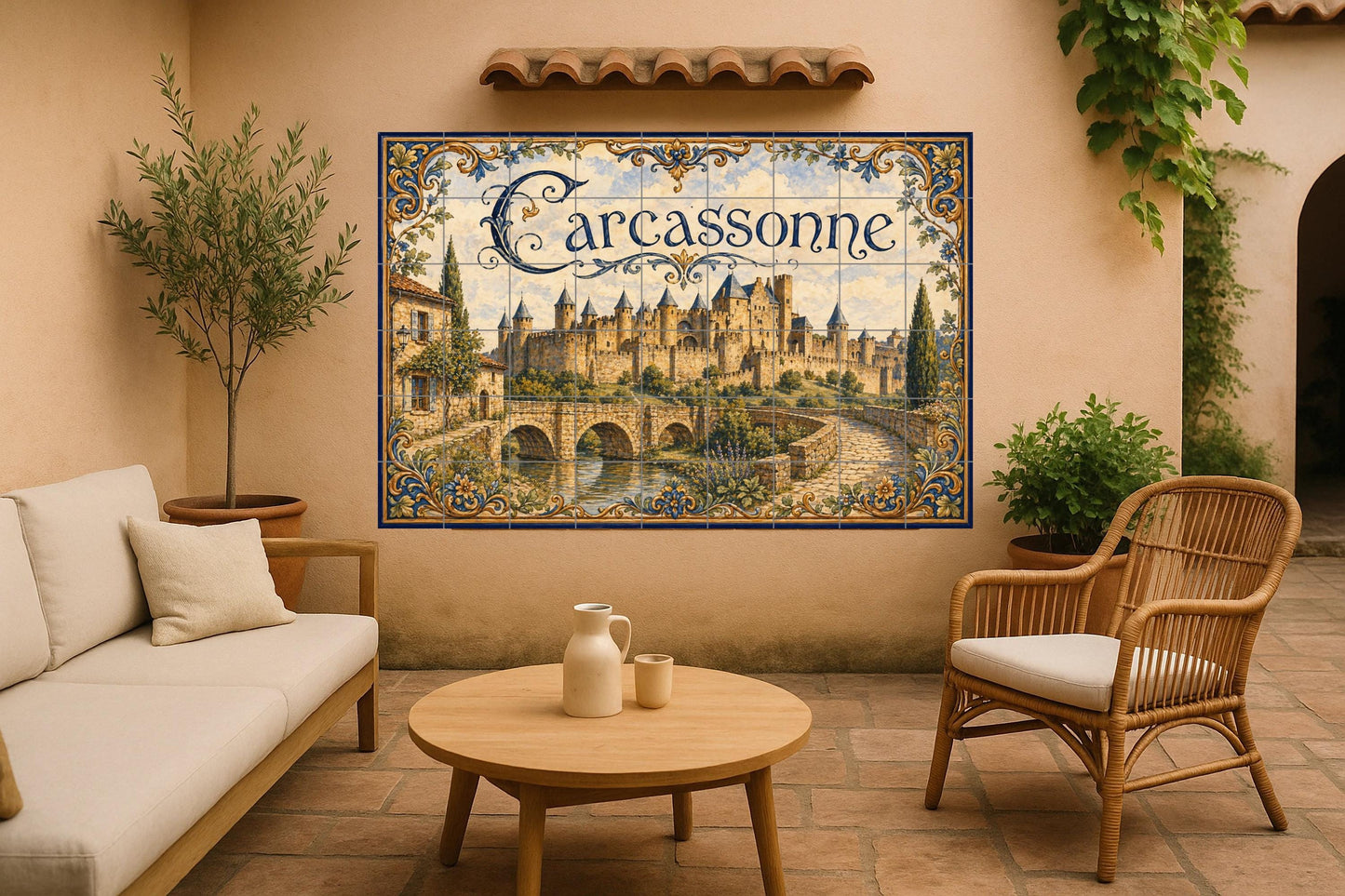 Carcasona, Art Mural de un Château medieva — Fresque Murale en Carreaux de Céramique · Fleurs et Paysages