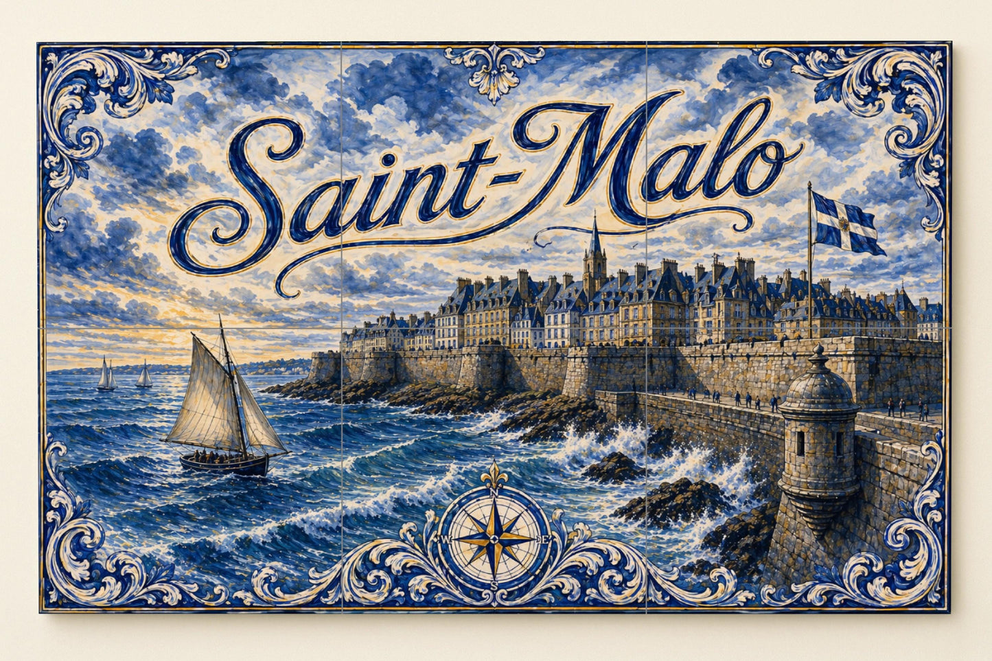 Mural de azulejos de cerámica de Saint-Malo, arte mural costero…