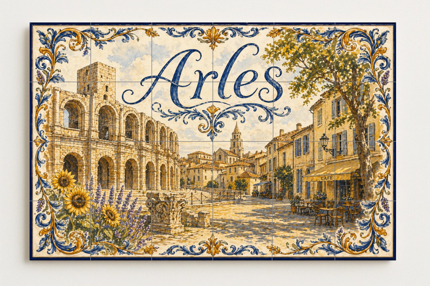 Mural de azulejos de cerámica de Arles, arte mural provenzal con…